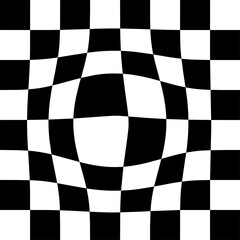 Obraz premium Retro checkered distorted black vector background. Wallpaper in the style of 70s summer hippies. Psychedelic geometric checkered pattern. Trippy checkerboard with warped cells. Groovy Y2K design.