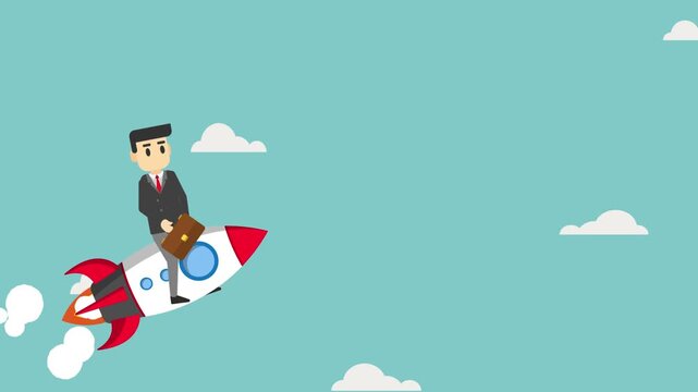 startup businessman riding a rocket in the sky