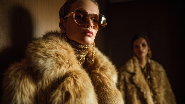 Two women wearing fur coats and gold jewelry pose for a photo. Scene is elegant and sophisticated