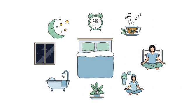 Night Sleep Routine and Relaxation Vector Set, Healthy Bedtime Habits for Better Sleep and Mental Wellness