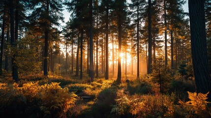Obraz premium Coniferous Forest at Sunrise, Golden Sunlight Through Trees Landscape 