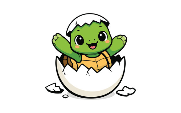 Happy newborn turtle breaking from shell, playful cute animal vector for nursery art