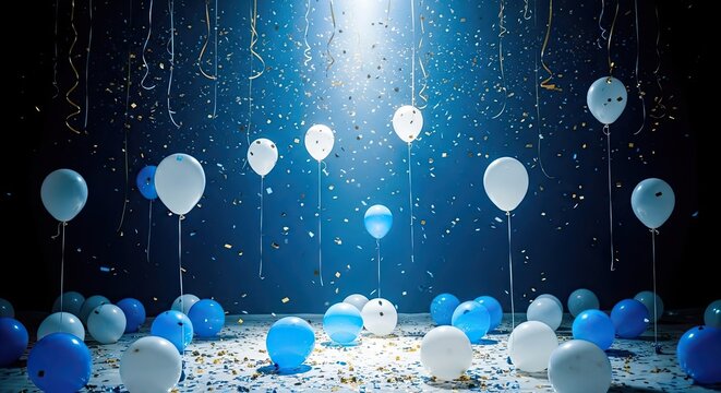 April fools' day celebration with blue and white balloons and confetti