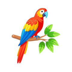 Fototapeta premium A colorful tropical nature illustration featuring a cute cartoon blue, red, and yellow macaw parrot with exotic feathers perched on a tree branch isolated on a white background