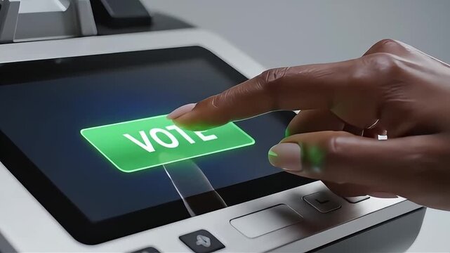 Hand casting vote on Presidents' Day at polling station screen