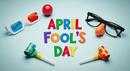 April fools day prankster fun with colorful tricks and glasses on light blue background