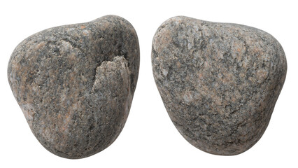 Two different sides of the same stone, isolated on a white background. Close-up of the pebble texture.