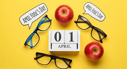 April fools' day prank concept with glasses and apples on yellow background