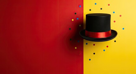 April fools day prank concept with top hat on red and yellow background