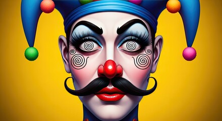 April fools' day jester portrait colorful clown face with blue jester hat