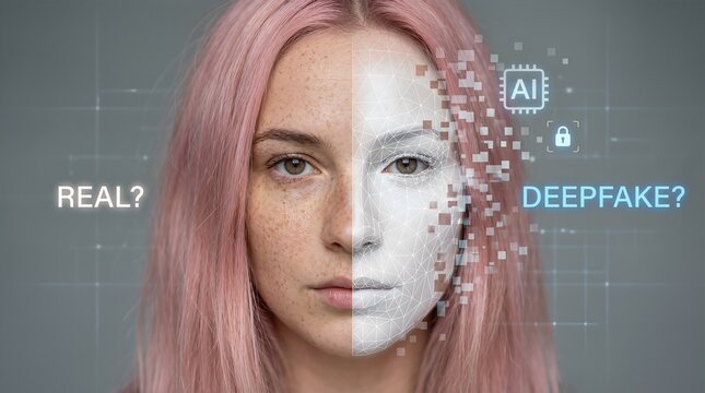 Female with pink hair, half face showing realistic features and half face as digital representation, illustrating the concept of deepfake technology and its implications on identity