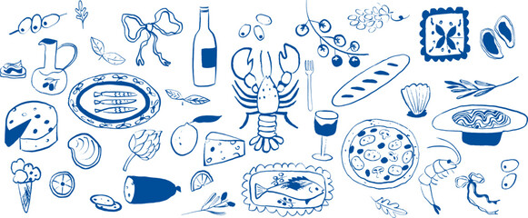 Mediterranean food hand drawn vector illustrations in grunge chalk or doodle sketch style with seafood, pasta, fruit, wine.