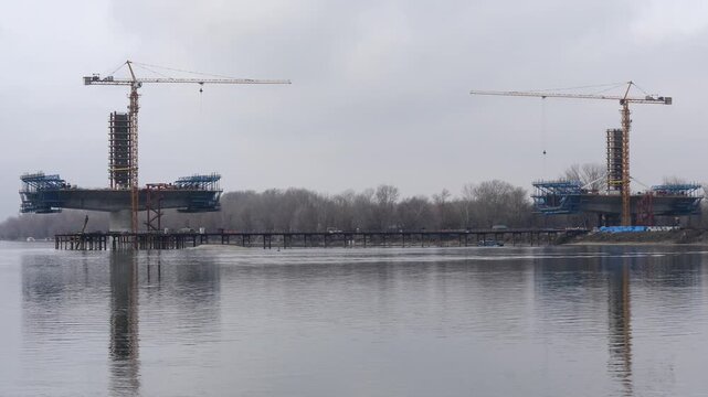 Piers of the future bridge over the Danube, which will connect Sremska Kamenica and Novi Sad in Serbia, on January 31, 2026.