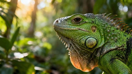 Obraz premium Detailed close-up portrait of a large green iguana resting in lush, sunlit tropical foliage.