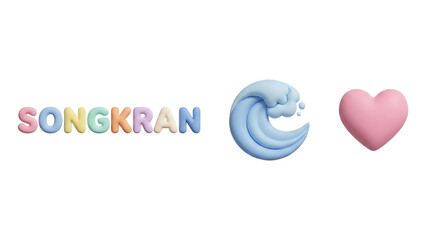 Songkran Festival 3D Text with Wave and Heart Icon.