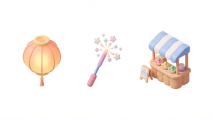 Songkran Festival Lantern, Sparkler, and Market Stall 3D Icon Set.