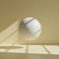 a minimalist room with a floating white sphere in the center