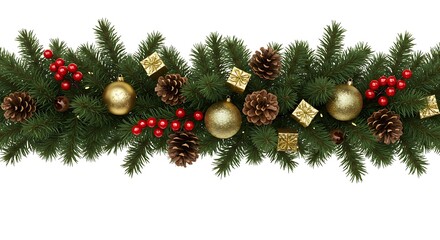 Fototapeta premium Festive Evergreen Garland: Gold & Red Christmas Decor