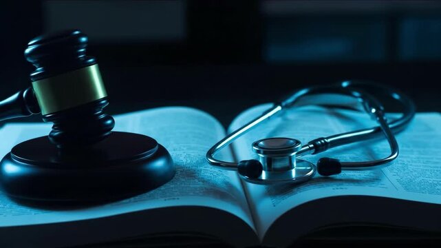 Medical Malpractice Gavel and Stethoscope on Open Law Book.