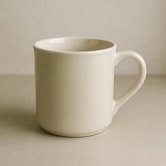 Obraz premium A white ceramic coffee mug on a simple beige table against a plain wall viewed from the side