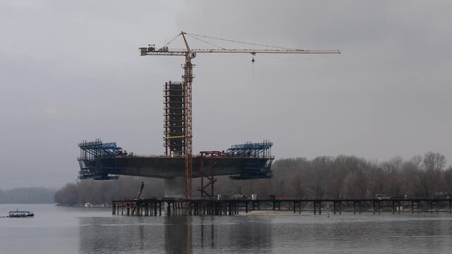 Piers of the future bridge over the Danube, which will connect Sremska Kamenica and Novi Sad in Serbia, on January 31, 2026.