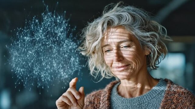  An elegant woman, with a cascade of silver tresses, exudes a serene aura, her eyes gently closed as she meditates amidst the play of light and shadow.