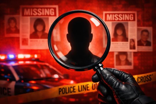 Missing persons investigation with police car and magnifying glass Keywords: missing persons