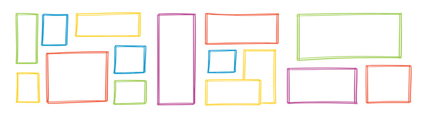 Hand drawn rectangle frame and border vector illustration set, editable sketch outline shapes, doodle graphic elements and simple artistic frames on transparent background