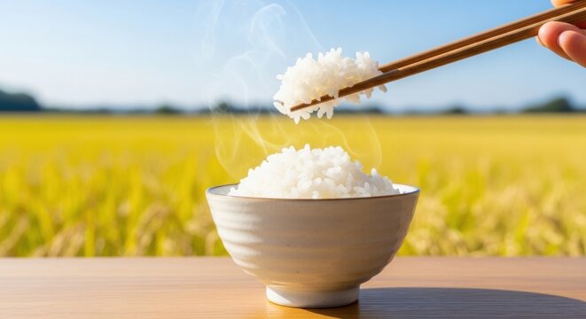 Rural scenery with golden ears of rice and freshly cooked white rice/黄金色の稲穂が広がる田園風景と炊きたての白いご飯