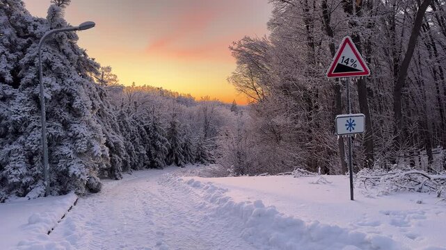 Icy winter road with steep slope warning at sunset