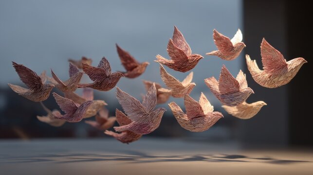 Birds flying in formation create movement in a grey sky at a quiet location