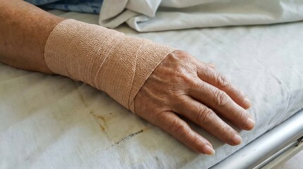 Close-up of a hand resting on a bed with a beige compression bandage wrapped around the wrist.