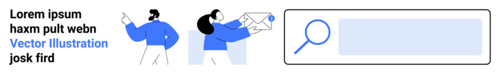 Obraz premium Information sharing, online communication, search tools, teamwork, digital media, web design. Figures sharing documents and a search bar. Information sharing and online communication concept