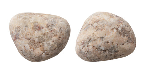 Two different sides of the same stone, isolated on a white background. Close-up of the pebble texture.