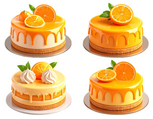 Set of four 3D illustrations of orange-flavored cakes, decorated with citrus, transparent background. More by ARNIKA ISLAM
