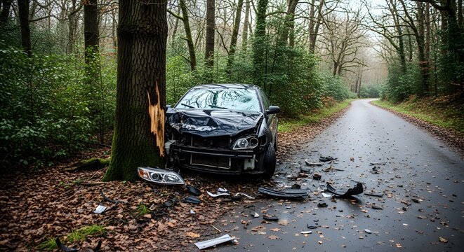Damaged black car crashed into tree on roadside  accident scene
