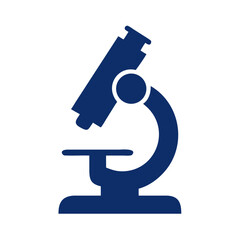 Simple navy blue flat vector icon of a single microscope, symbolizing science, research, analysis, and discovery on a clean white background.