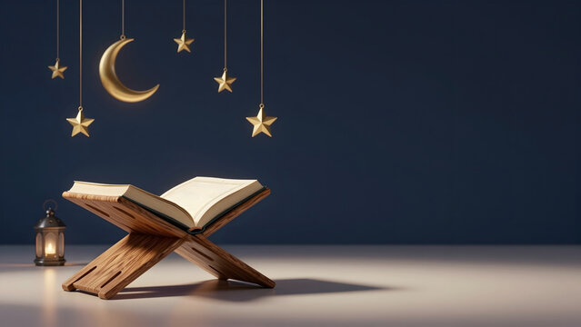 Open holy Quran on wooden rehal stand with crescent moon and stars