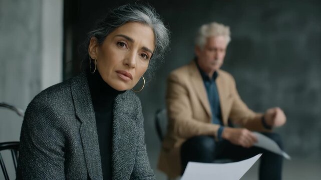 Mature woman and senior man reviewing documents, possibly auditioning or in business meeting. Focused, thoughtful expressions suggest careful evaluation. Professionals, elderly, business, casting.