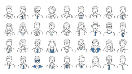 Fototapeta premium Extensive grid of simple line art portraits depicting diverse men and women with various hairstyles, glasses, and professional clothing styles.