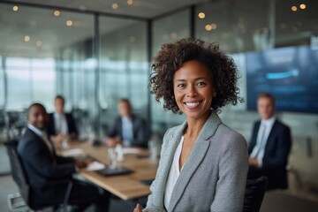 Fototapeta premium Confident Businesswoman Smiling at Meeting with Diverse Group in Boardroom