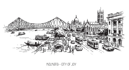 Kolkata Cityscape Line Art Illustration with Howrah Bridge and Urban Street Scene © Graphistichub