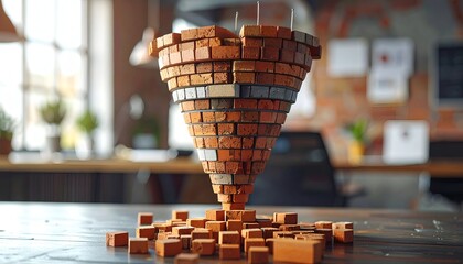 Artistic brick structure, conical form, on a desk in a blurred office