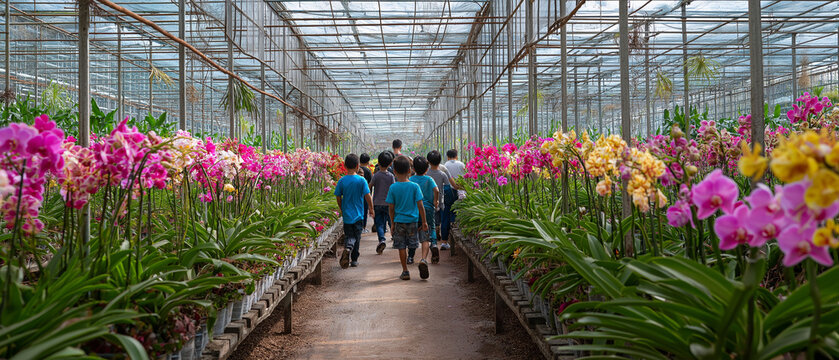 AI generator images of Large commercial orchid gardens cultivate popular orchid species such as Vanda and Mokara. The greenhouse structures use shade nets (Saran) to control the amount of sunlight. 