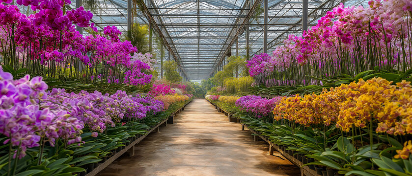 AI generator images of Large commercial orchid gardens cultivate popular orchid species such as Vanda and Mokara. The greenhouse structures use shade nets (Saran) to control the amount of sunlight. 