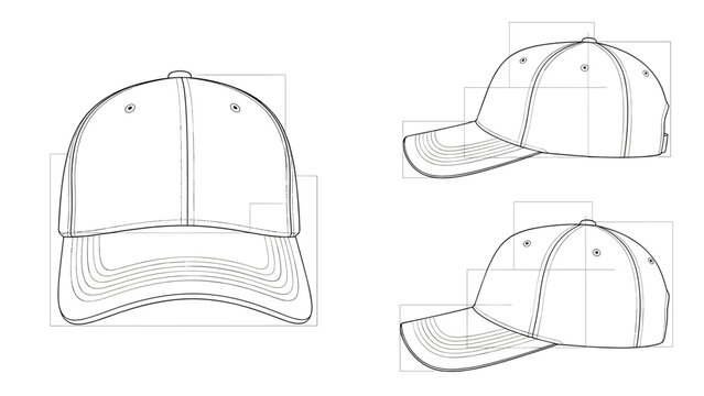 Outline template of a classic baseball cap shown from front and side angles with technical guidelines for headwear design.