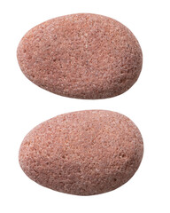 Two different sides of the same stone, isolated on a white background. Close-up of the pebble texture.