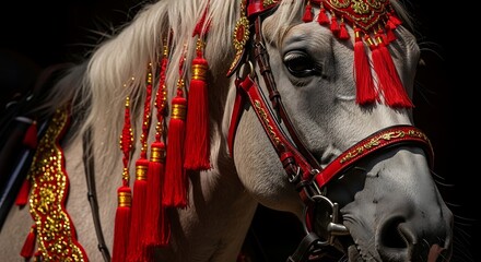 Obraz premium Magnificent white horse adorned with elaborate red and gold traditional ceremonial embellishments, highlighting cultural heritage and majestic equine beauty against a dark background