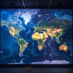 A large, illuminated world map display, showcasing terrain features