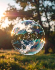 Iridescent soap bubble floats against a blurred background of trees and sunlight